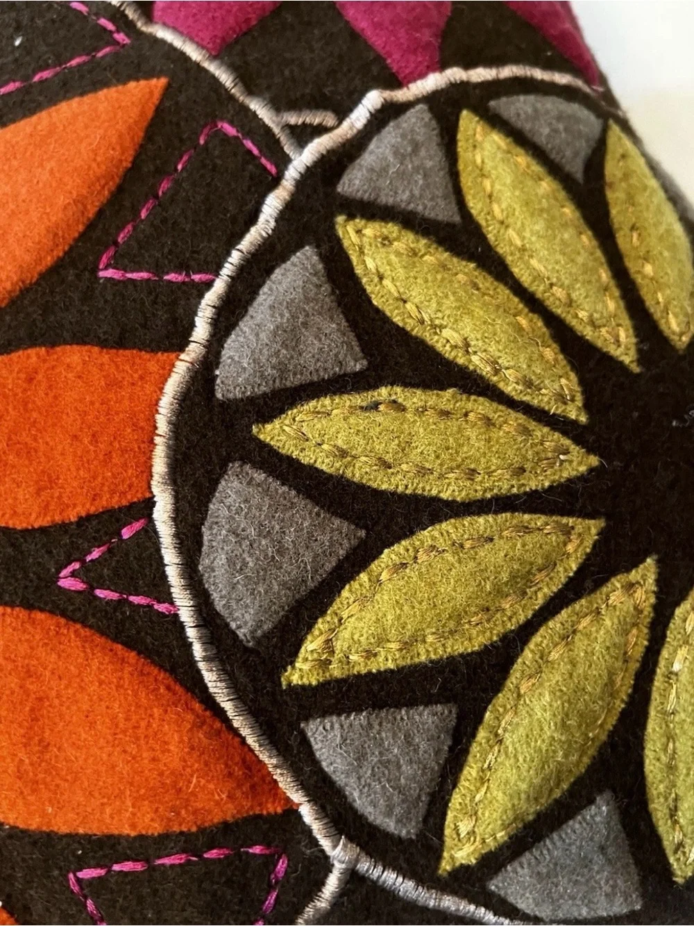 Crate&Barrel Brown Embroidered Floral Medallion Pillow with Orange, Pink & Olive